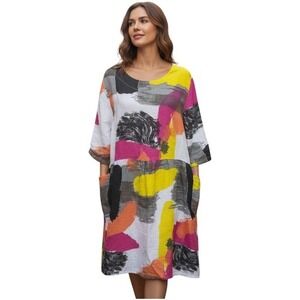Bella Amore 100% Linen Shift Dress Made in Italy Lagenlook Abstract Art Print M